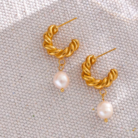 Charm Twisted Texture Natural Pearl Drop Earrings