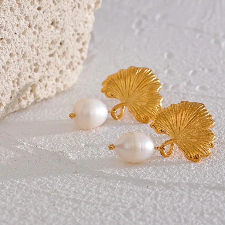 Ginkgo Pearl Drop Earrings