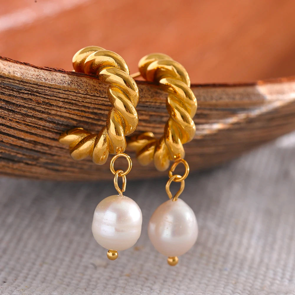 Charm Twisted Texture Natural Pearl Drop Earrings